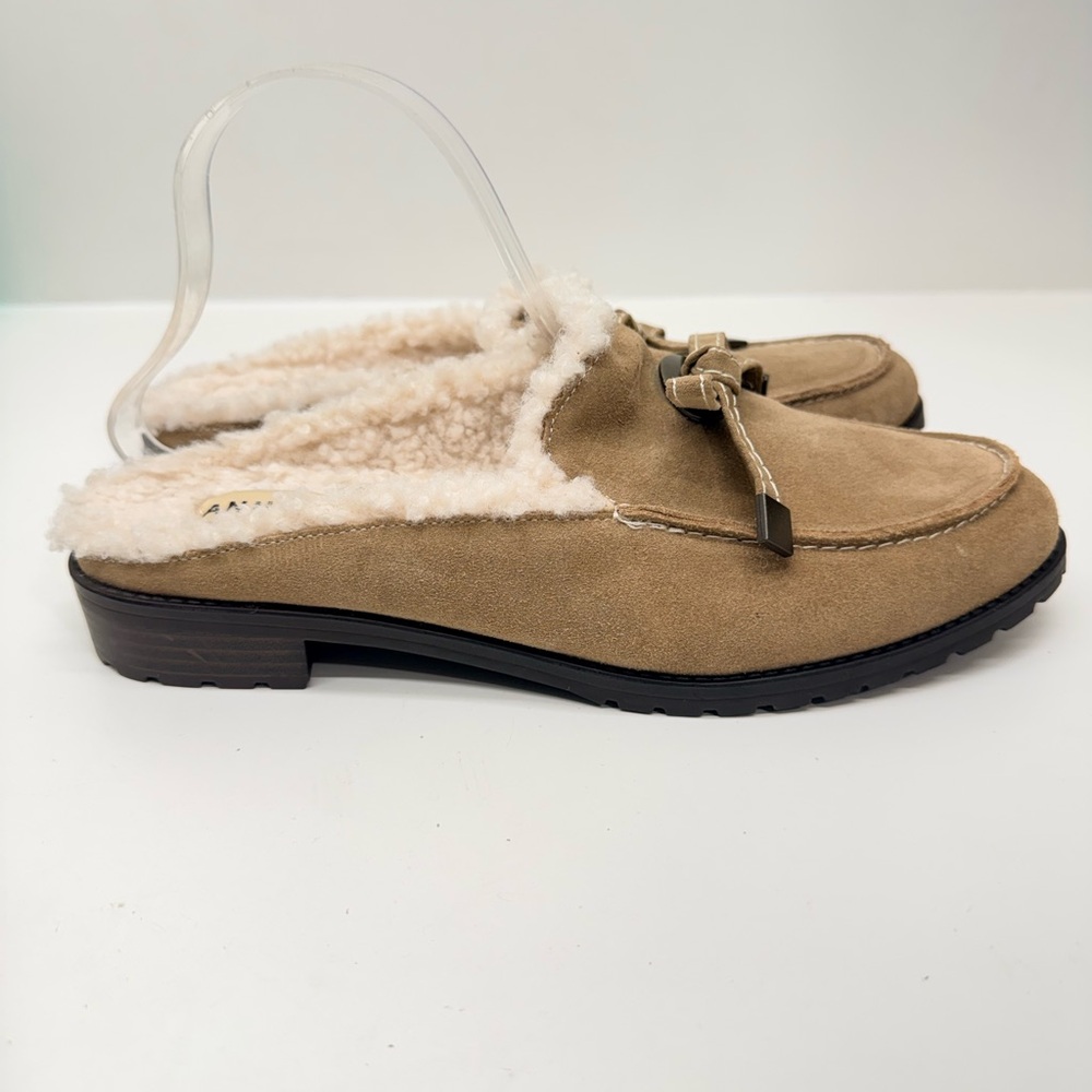 Anne Klein Braco mules brown suede upper poly faux fur lining sz 9.5